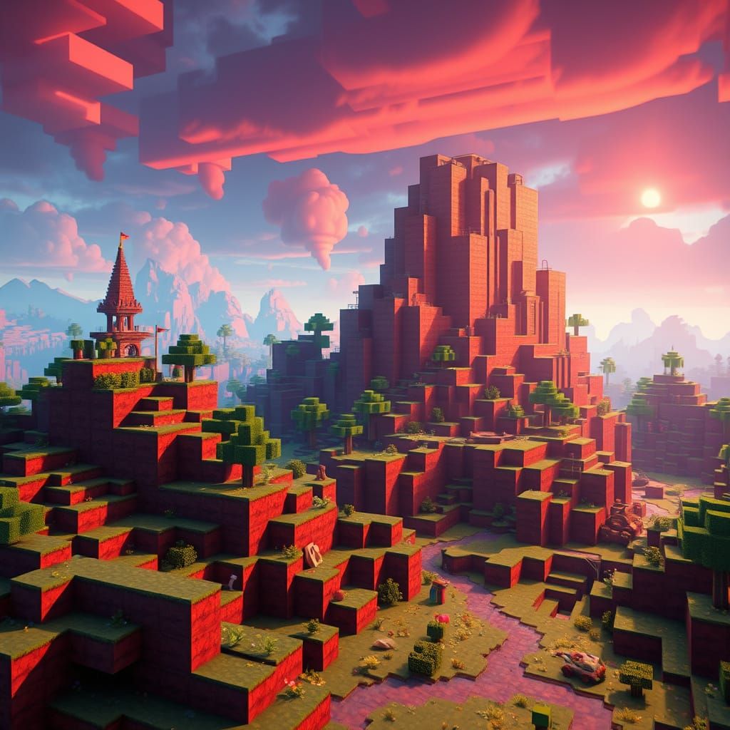 Vibrant Blocky Landscape in Cyberpunk CGI Style