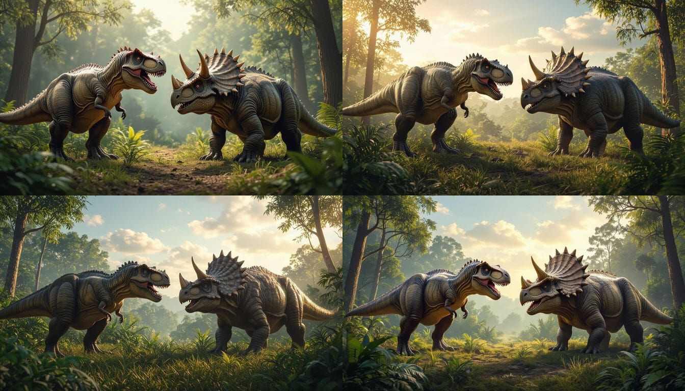 T-Rex and Triceratops Face-Off in Jurassic Forest