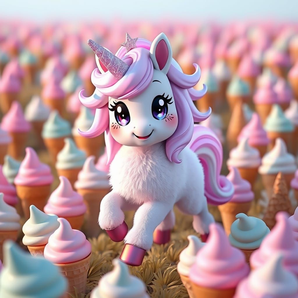 Kawaii Unicorn Prancing in Ice Cream Field: 3D Anime Art