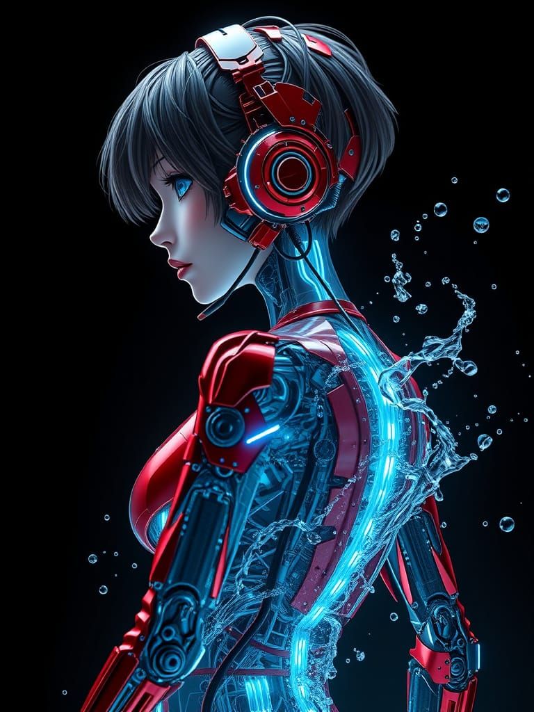 Cyberpunk Mecha Girl Bending Water with Cybernetic Enhanceme...