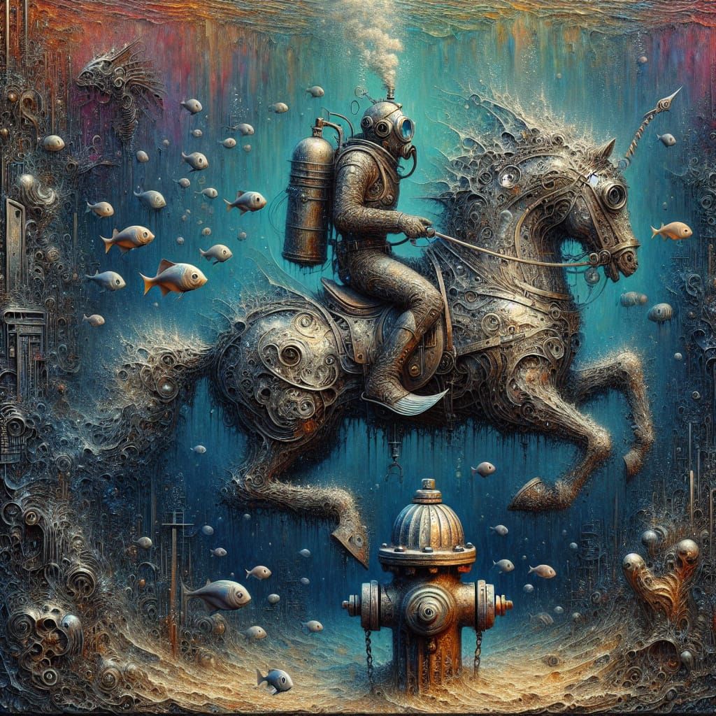 Underwater Steampunk Rider in Dystopian Elegance