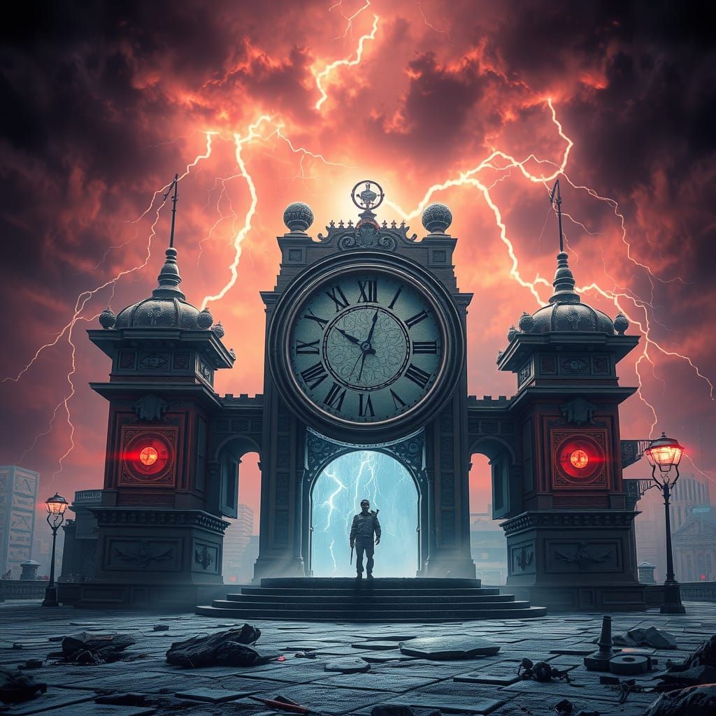 Surreal Time Travel Portal in Post-Apocalyptic Storm
