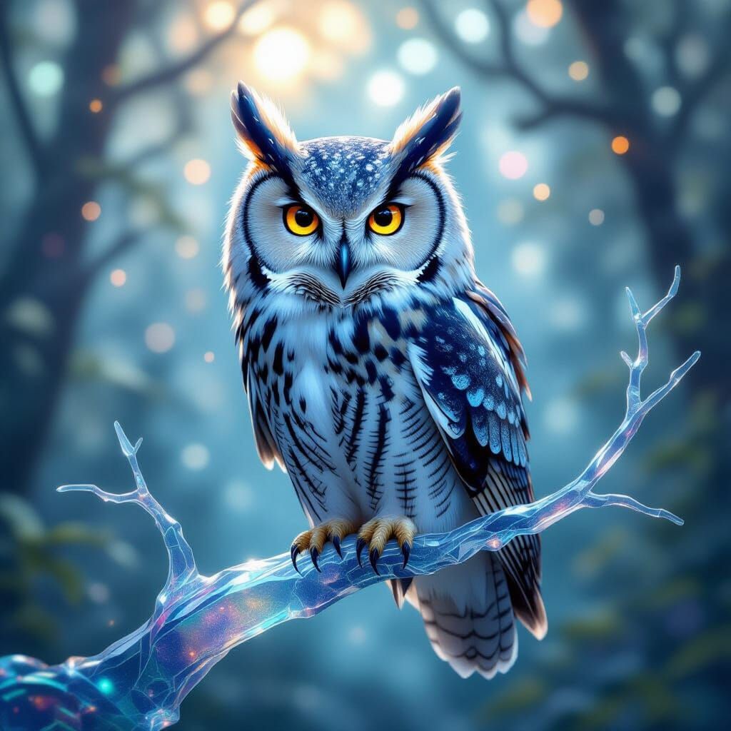 Majestic Owl on Crystalline Branch Amidst Cosmic Forest