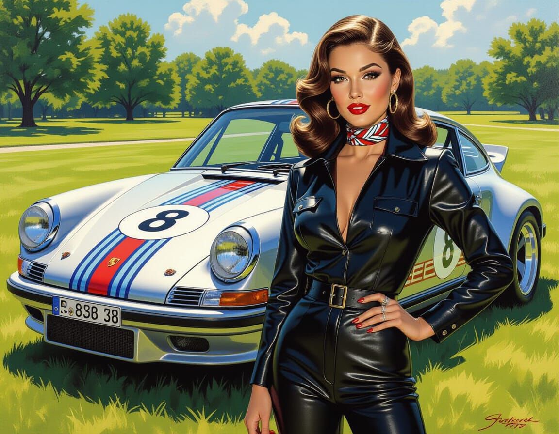 1970s Pinup Model With Porsche 911 in Textured Oil Painting