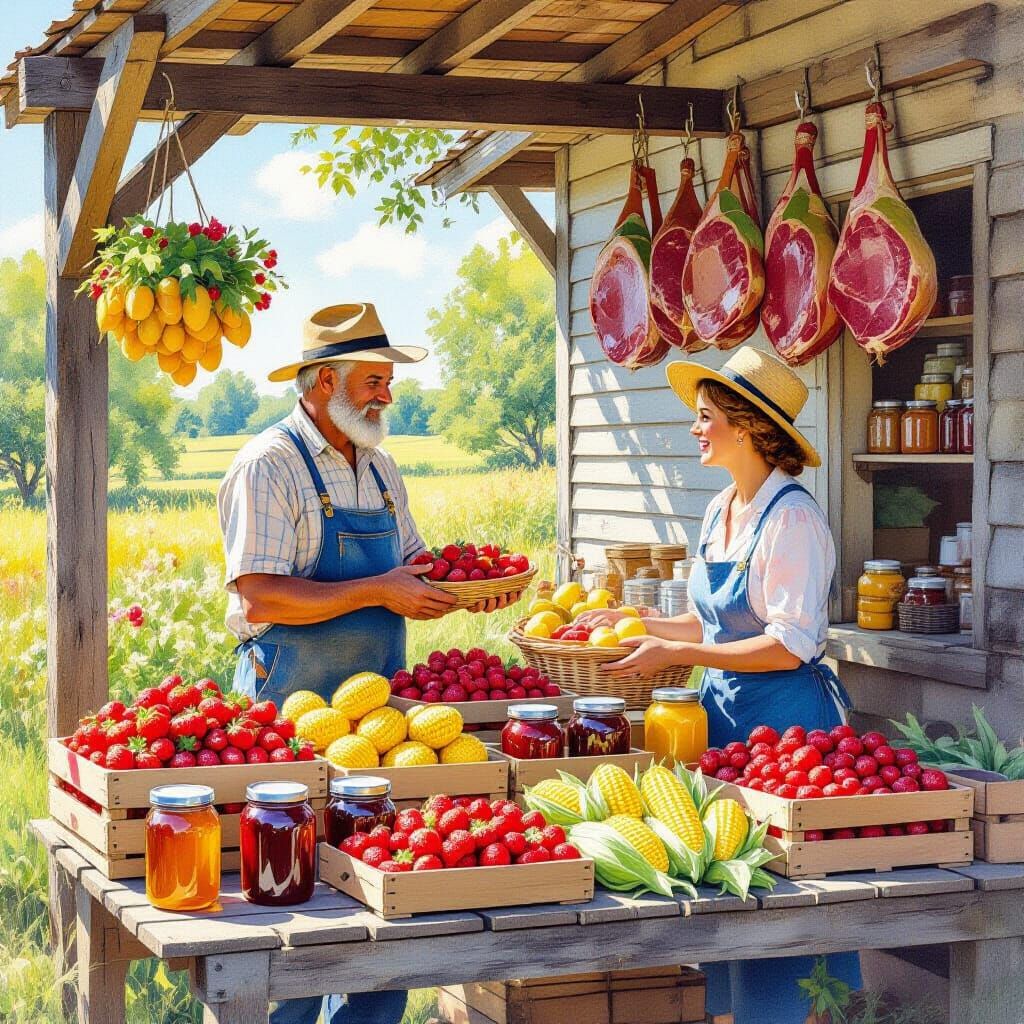 Rustic Fruit Stand in Watercolor Style