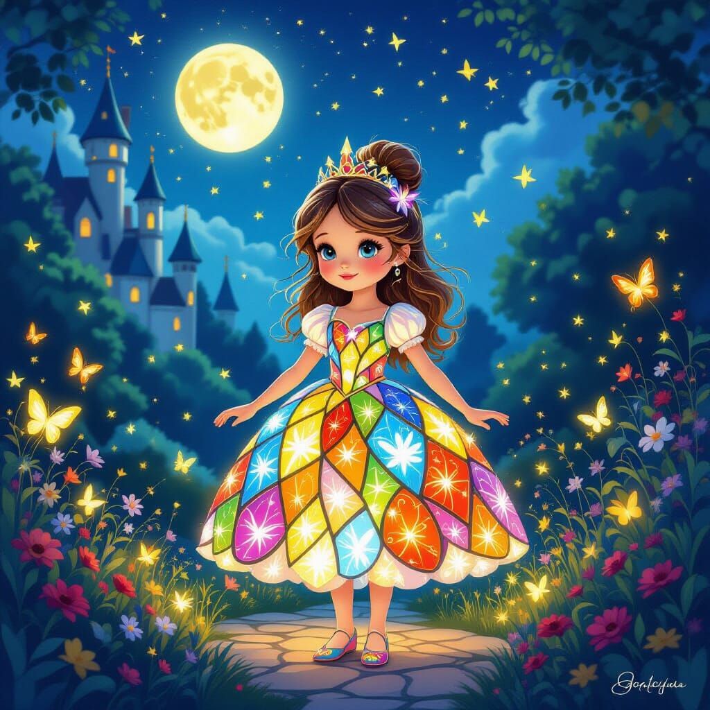 Little Princess in Stained Glass Dress with Fireflies