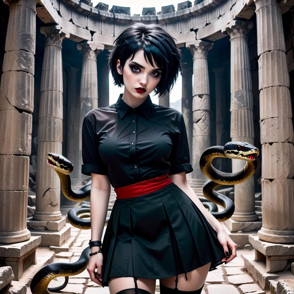Goth Girl with Snakes in Ancient Temple