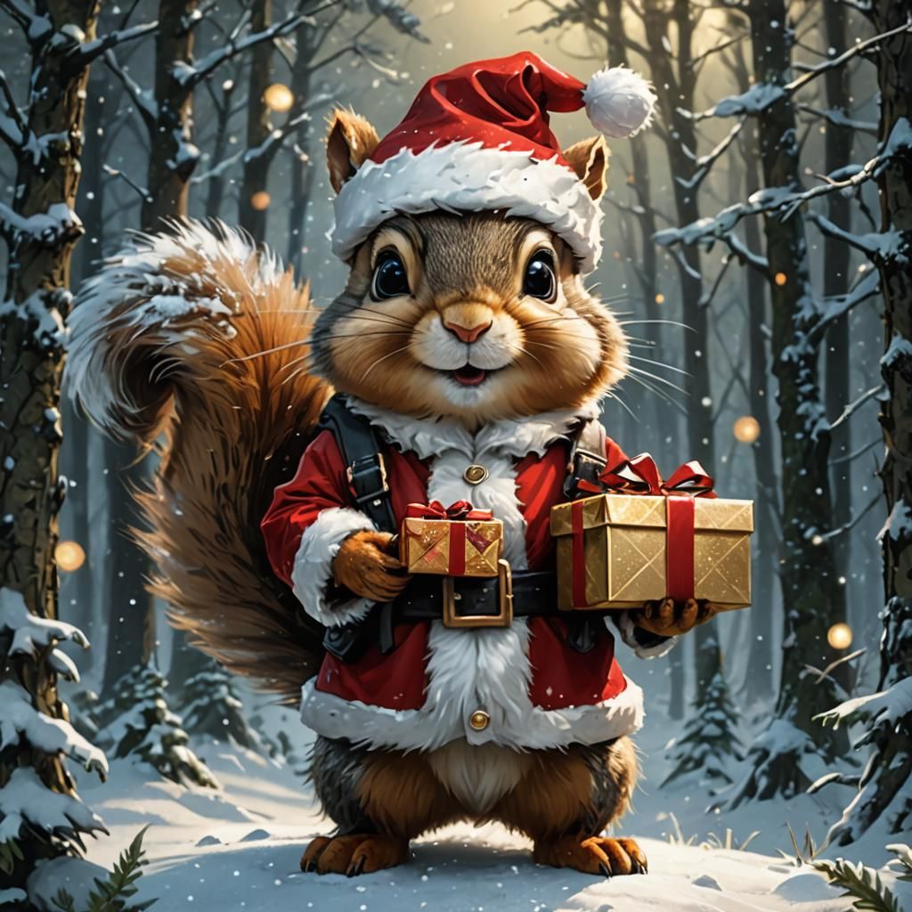 Vibrant Chibi Santa Squirrel in a Snowy Forest