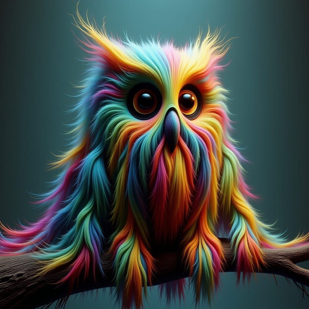 Cute Colorful Fluffy Owl Perched on a Branch in a Whimsical ...