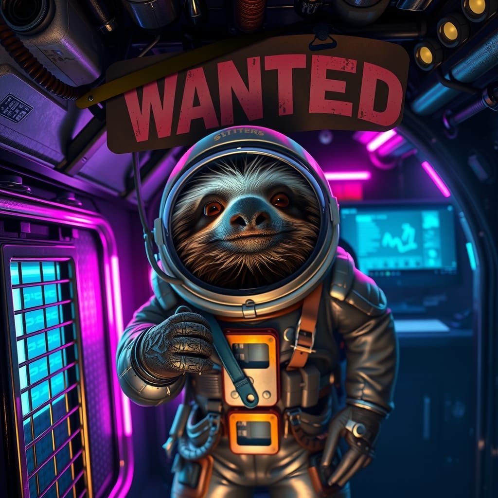Sloth Space Pirate in Neon Sci-Fi Setting