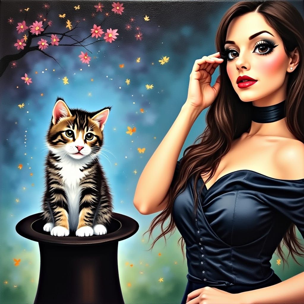 Woman Illusionist Makes Kitten Appear from Top Hat