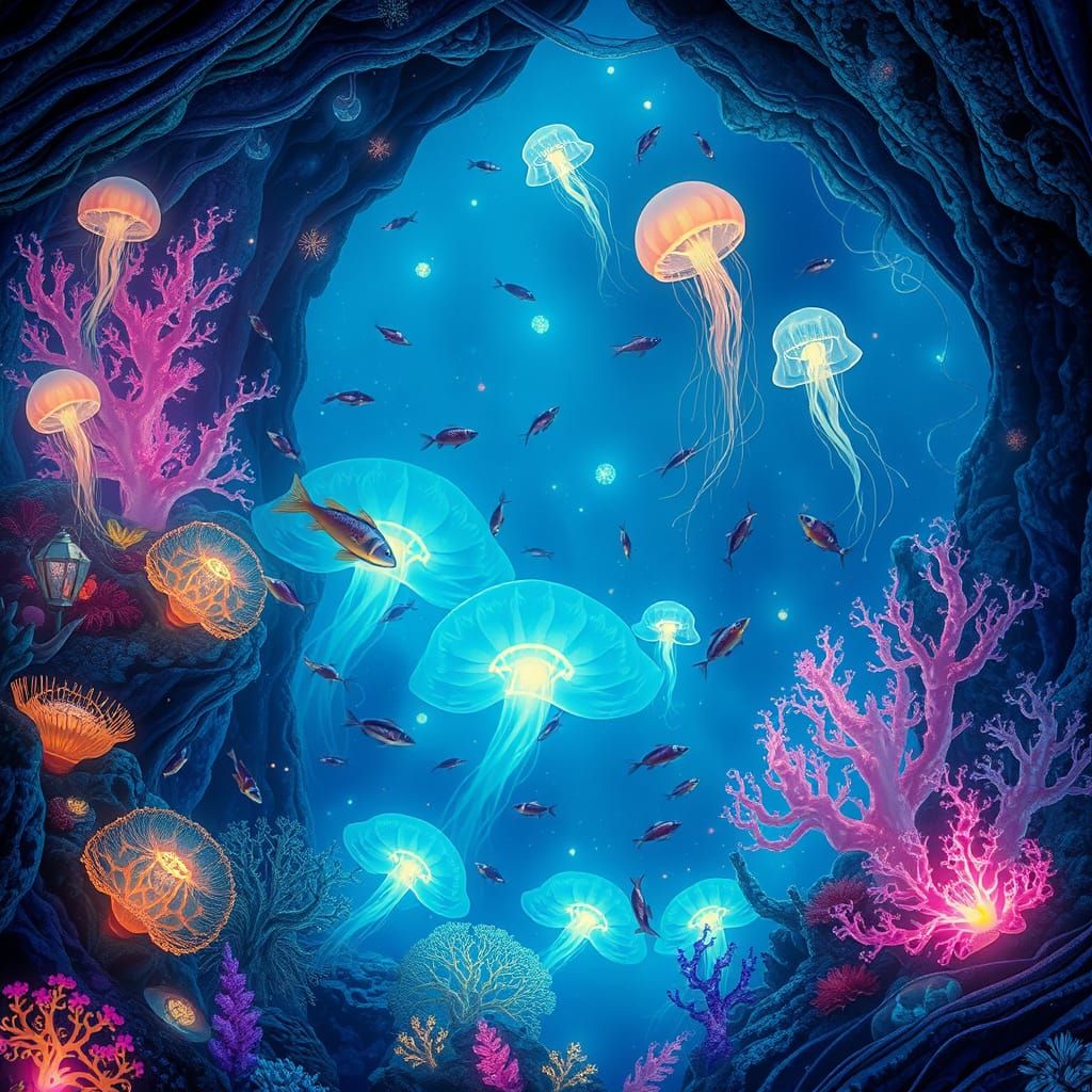 Ethereal Bioluminescent Wonders in an Underwater Art Nouveau...