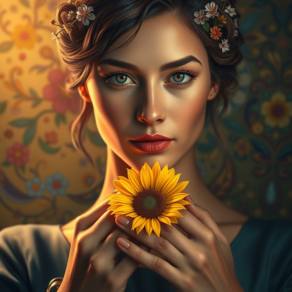 Empathetic Woman Portrait with Flowers, Concept Art