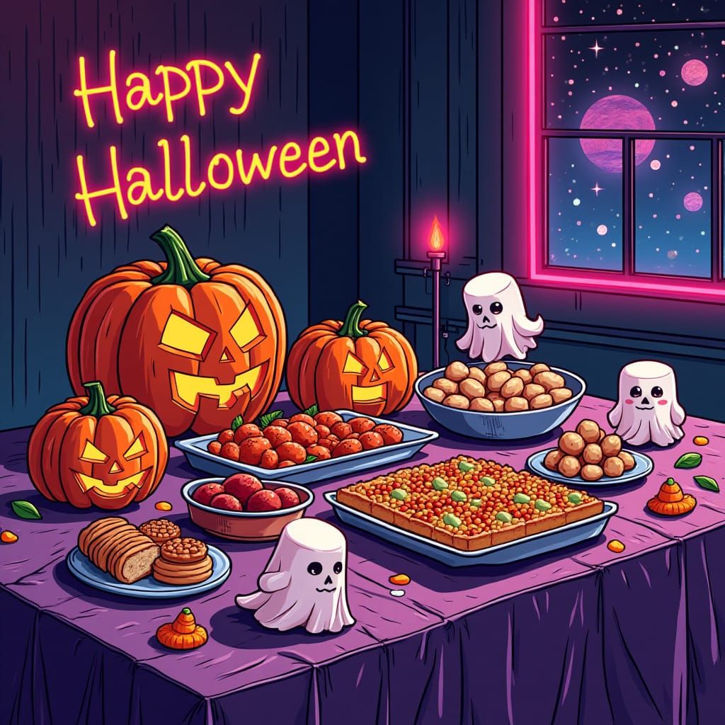 Halloween Snacks in Synthwave Cartoon Style