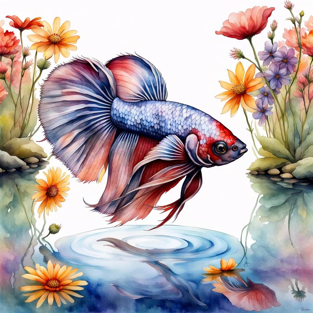 Betta Fish Leaps in Watercolor Pond