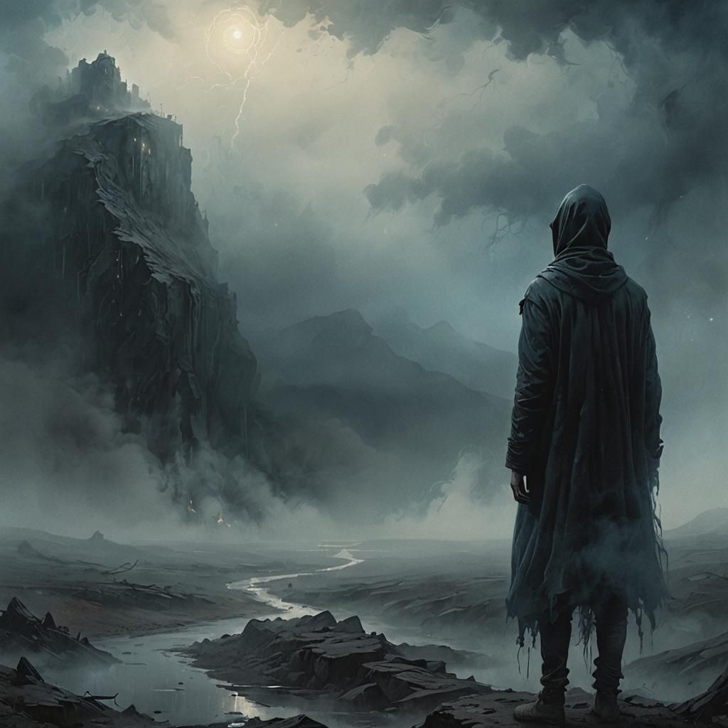 Mysterious Figure in Mist-Shrouded Landscape