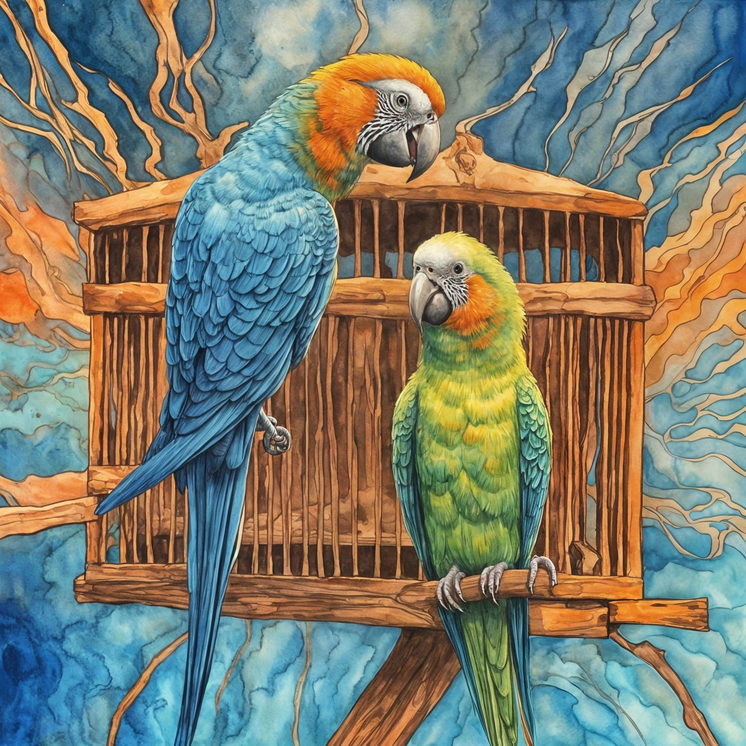 Emotive Watercolor Parakeet Screaming on a Bridge
