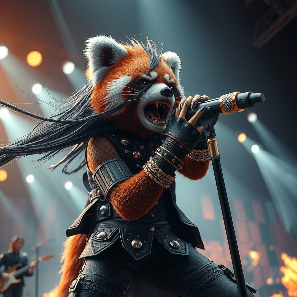 Intense Red Panda Metal Singer in Chaotic Rock Concert
