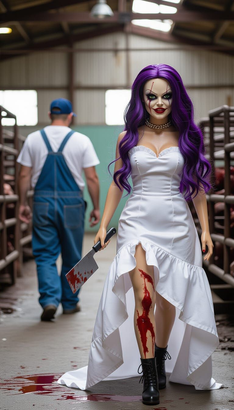 Bride of Chucky Cosplay with Meat Cleaver in Slaughterhouse