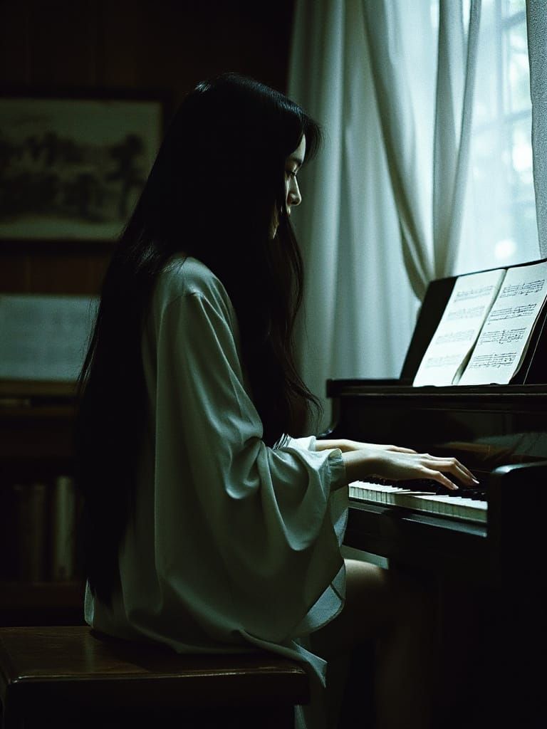 Sadako Plays Piano: Dark Horror in Junji Ito Style