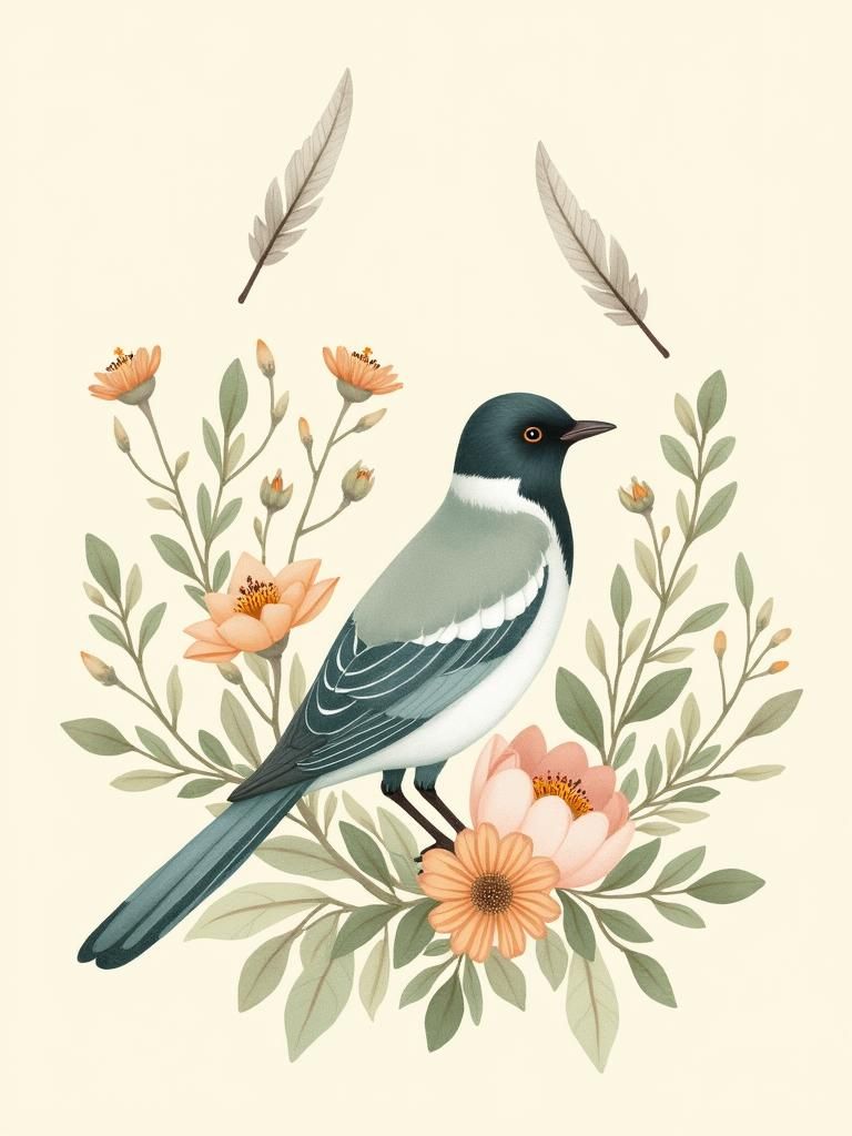 Magpie in Vintage Floral Illustration Style