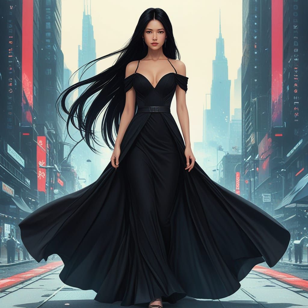 Japanese Woman in Futuristic City, Hyperrealistic Style