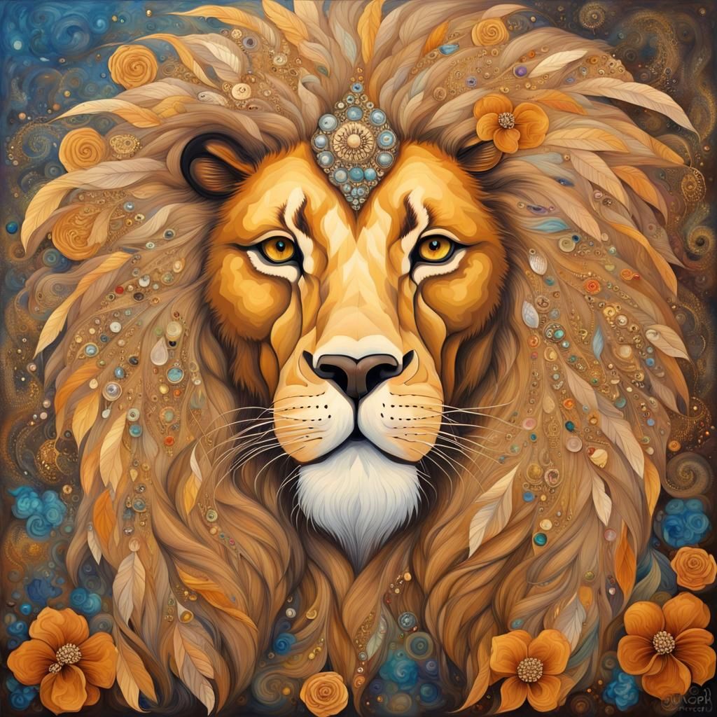 Lion with Flowers and Gems in Klimt Style