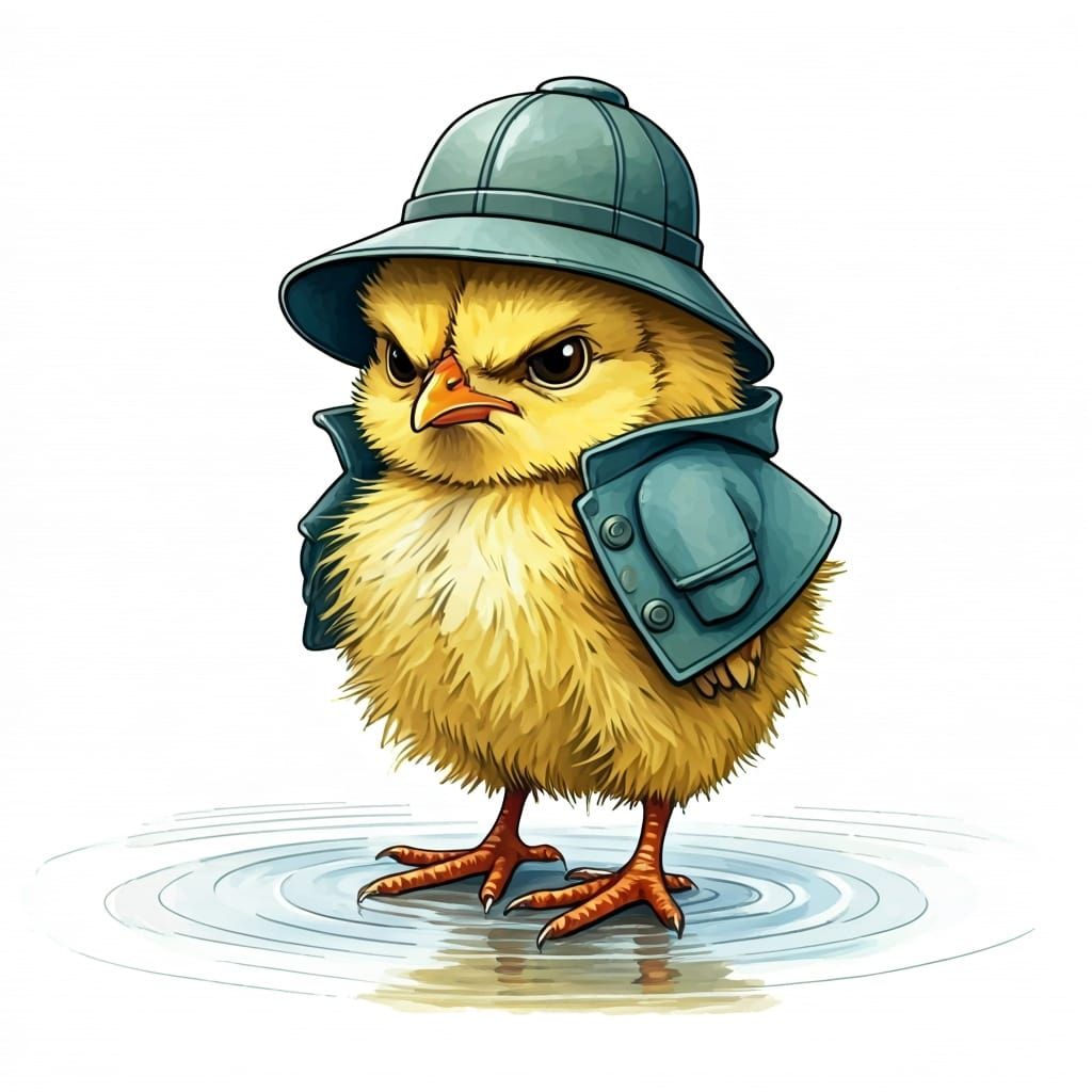 Grumpy Chick in Raincoat, Watercolor Illustration