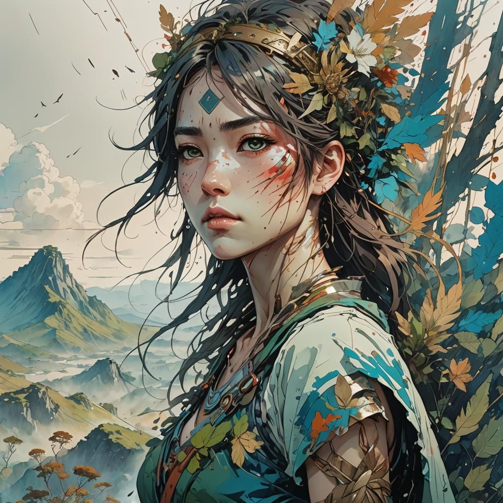 poster of warrior goddess| standing alone on hill| centered|...