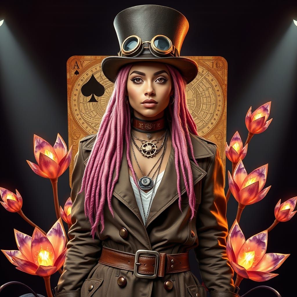 Steampunk Woman with Pink Dreadlocks and Cogwheel Card