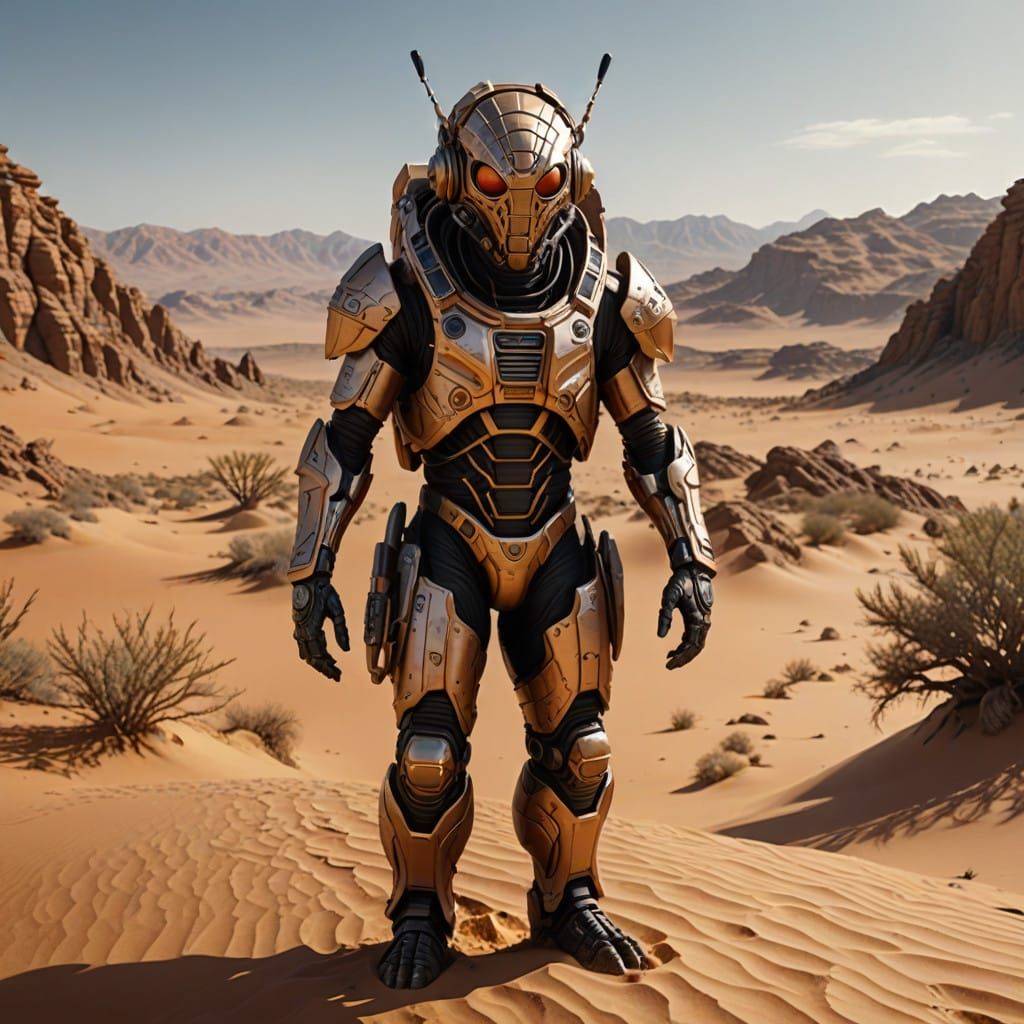 martian landscape of dry rocky hills and sand dunes. termite headed humanoid wearing alien desert gear. ultra detailed, ...
