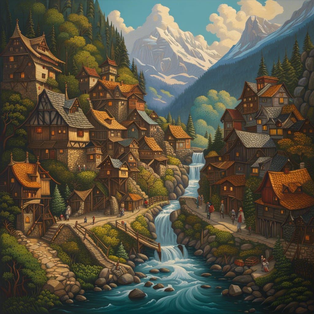 Fantasy Mountain Village: Ghibli-Inspired Oil Painting