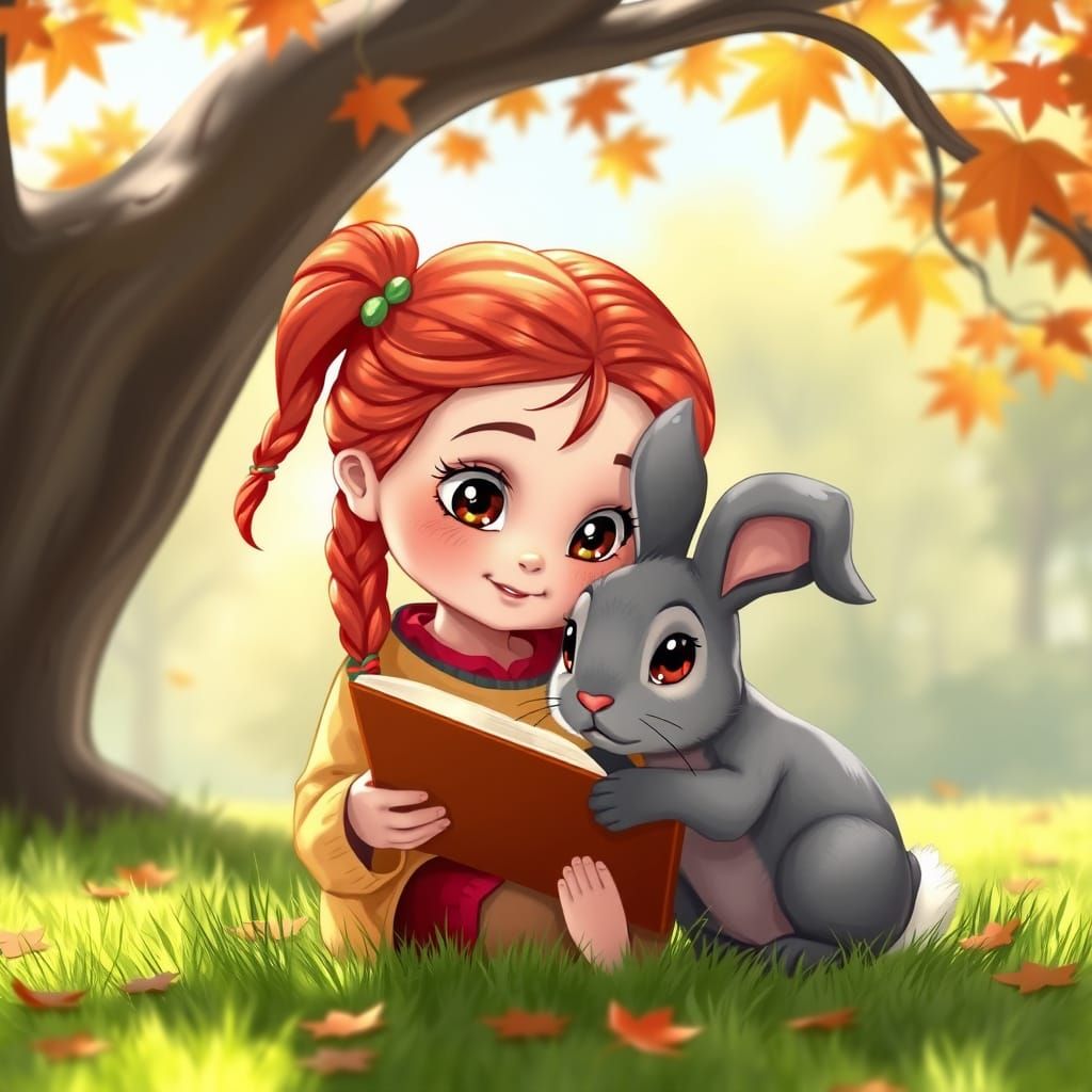 Girl Reading to Bunny Under Maple Tree