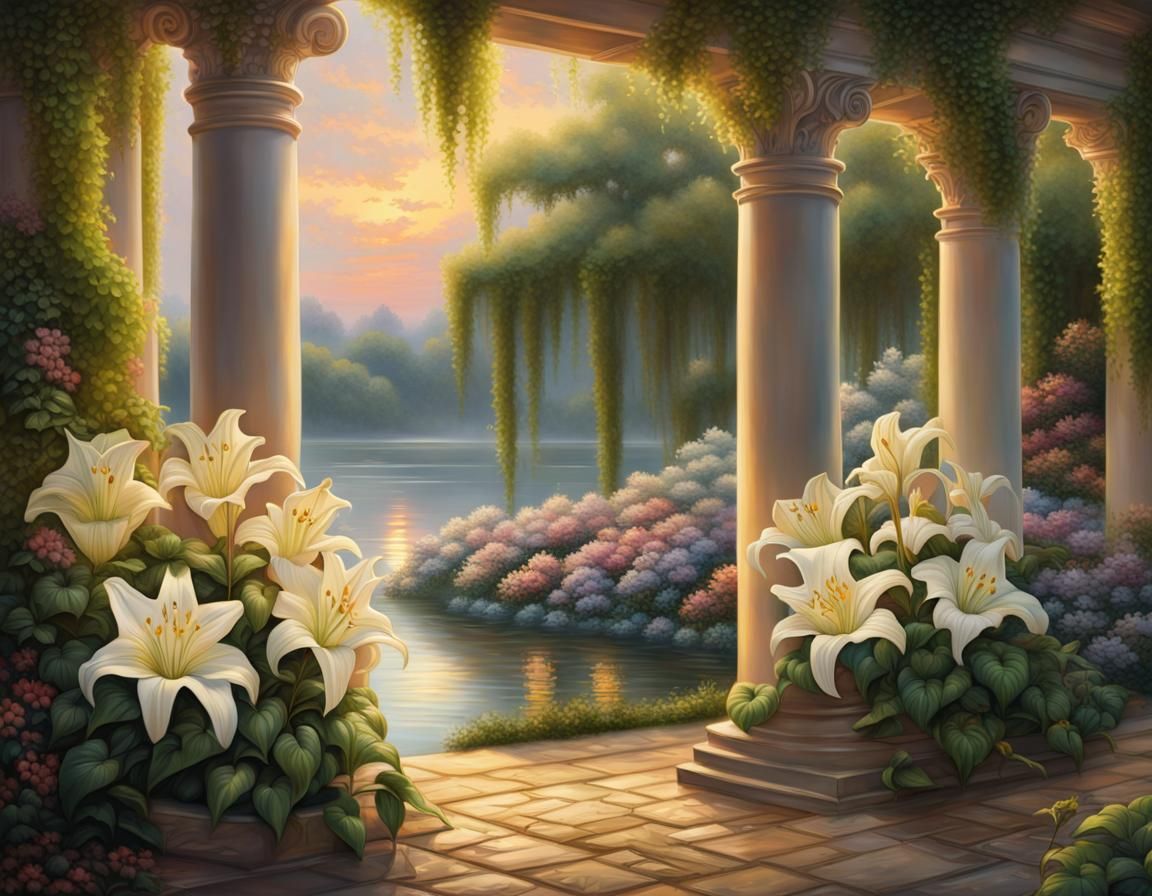 Sunset Garden Path with Lilies: Oil Painting