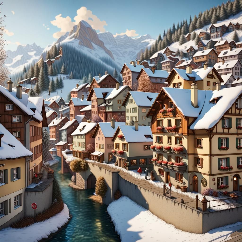 Detailed Winter Town Scene in 8k