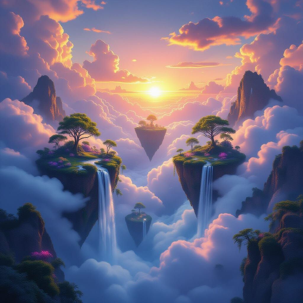 Surreal Floating Islands with Waterfalls at Sunset