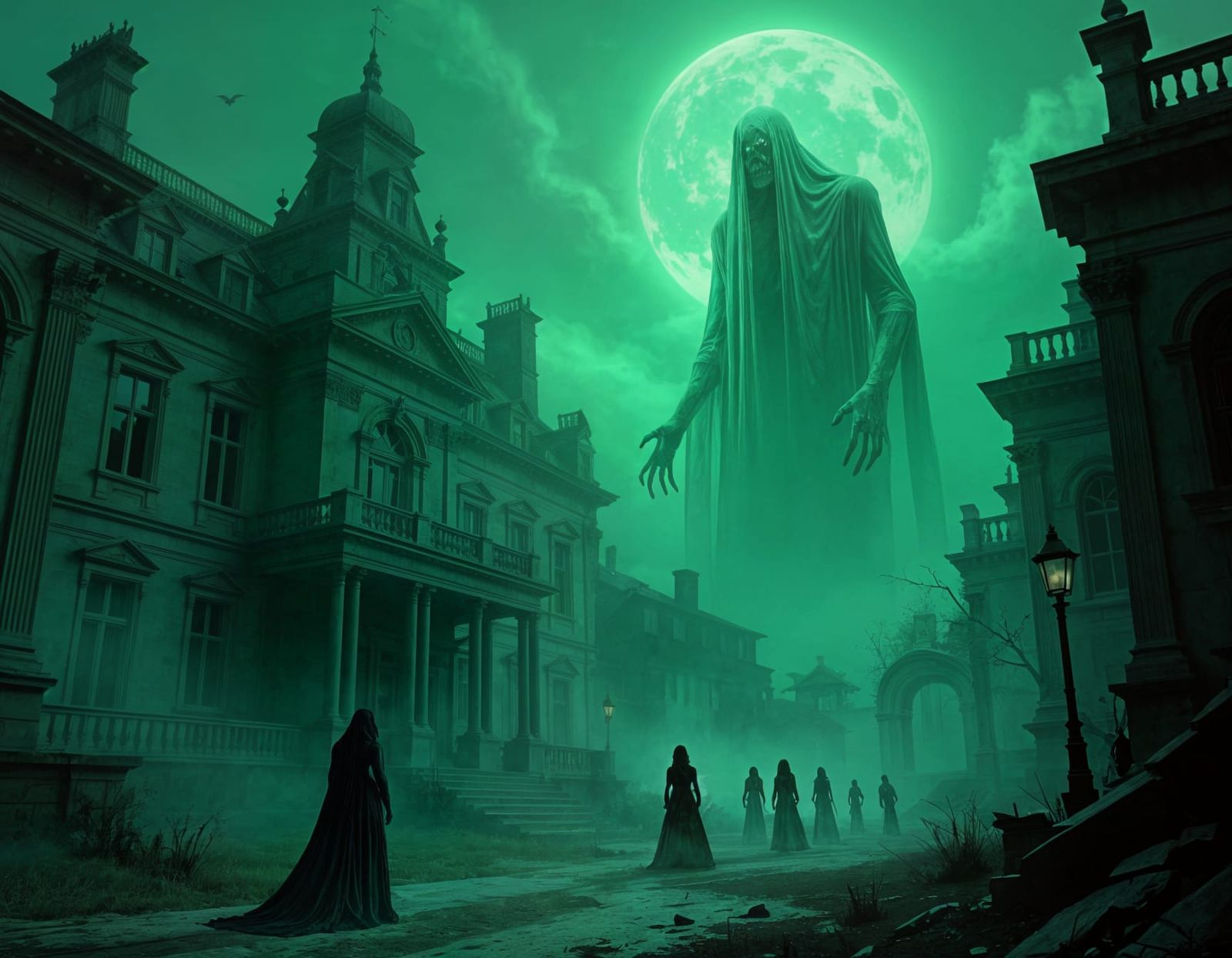 Sprawling Haunted Mansion with Green Spectre and Skeletal Sp...