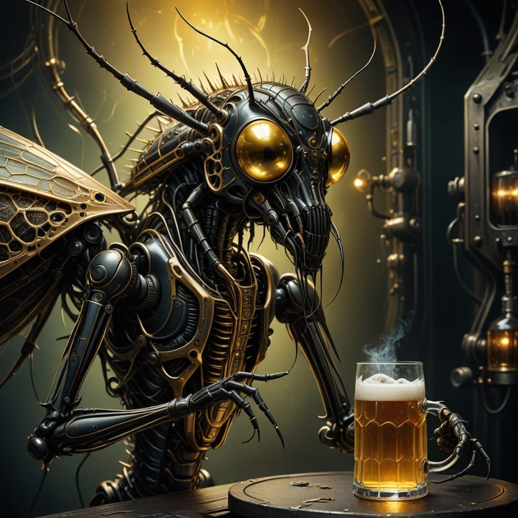 Surreal Black-Gold Mosquito in Futuristic Biomechanical Art