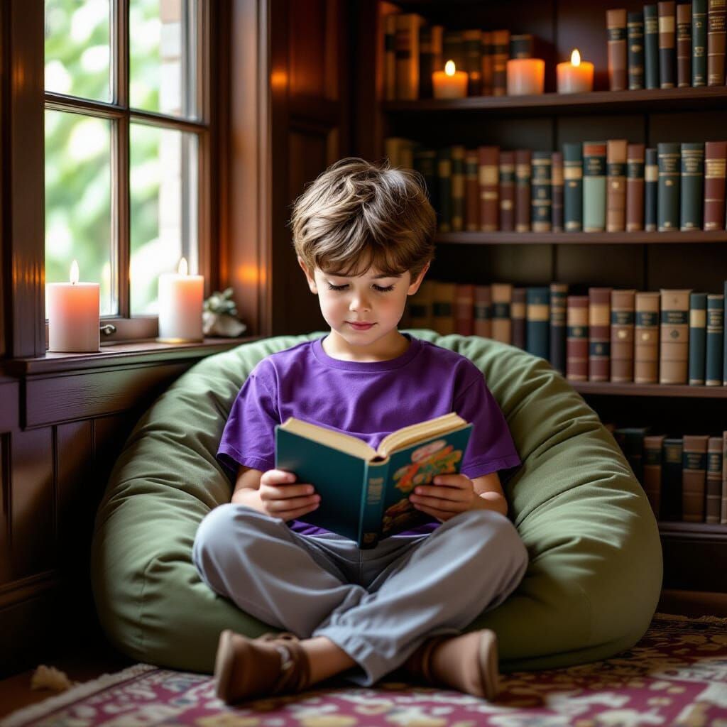 Boy Reading in Cozy Library Corner