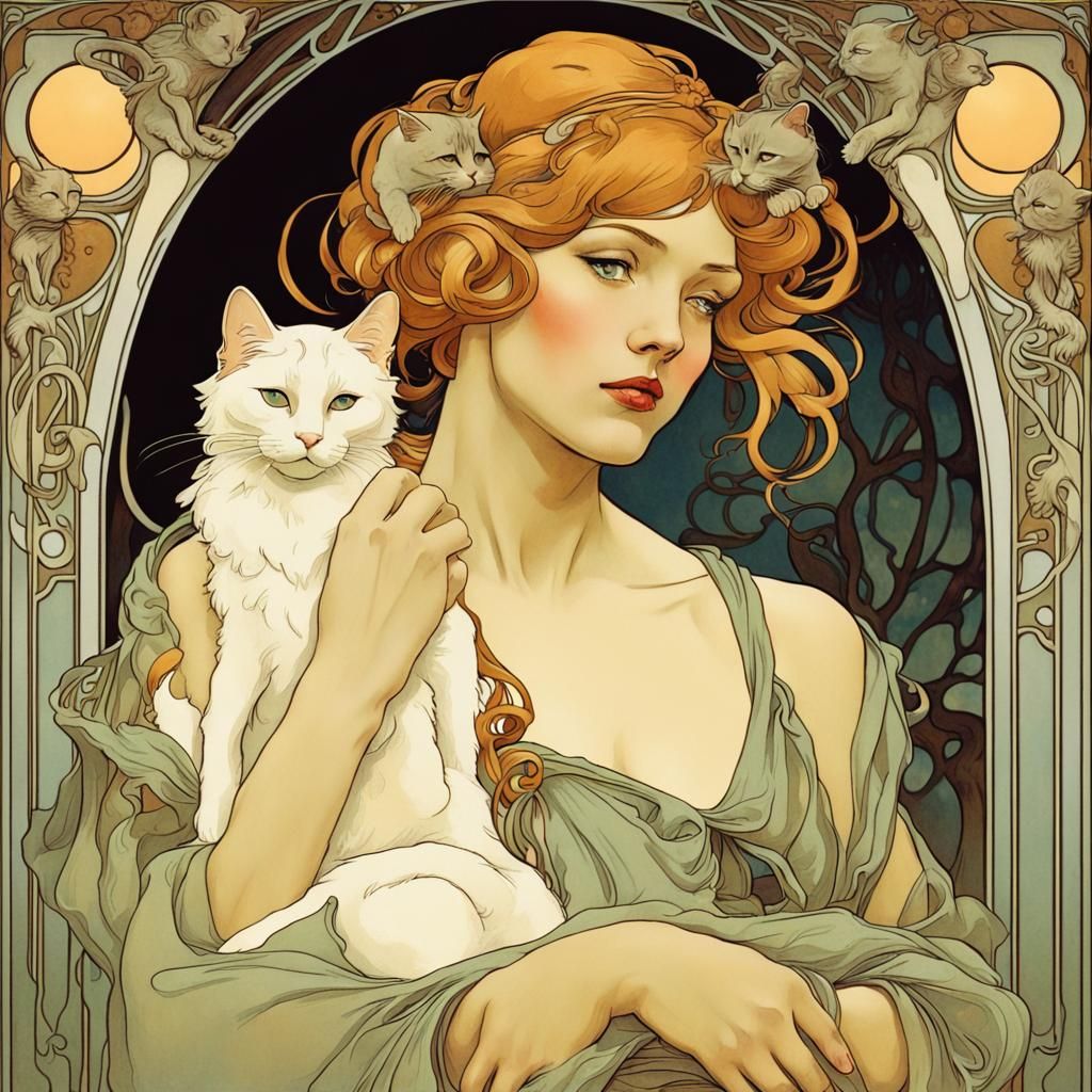 Art Nouveau Woman with Cat in Mucha Style