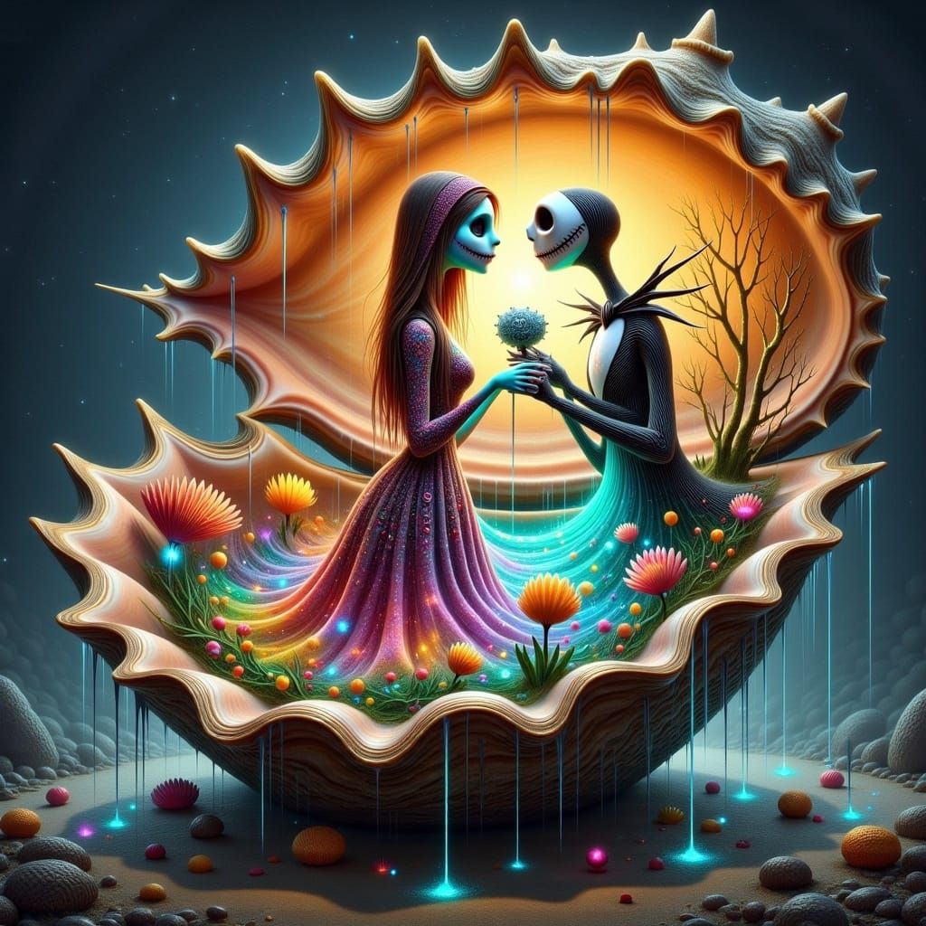 Ethereal Jack & Sally Emerge from Glowing Seashell in Whimsi...