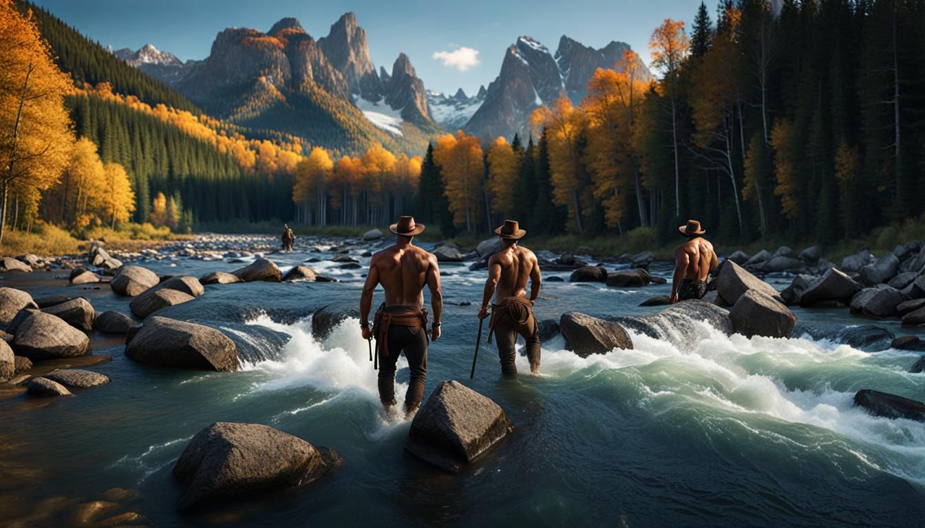 Naked Cowboys Bathe in River Rapids Landscape