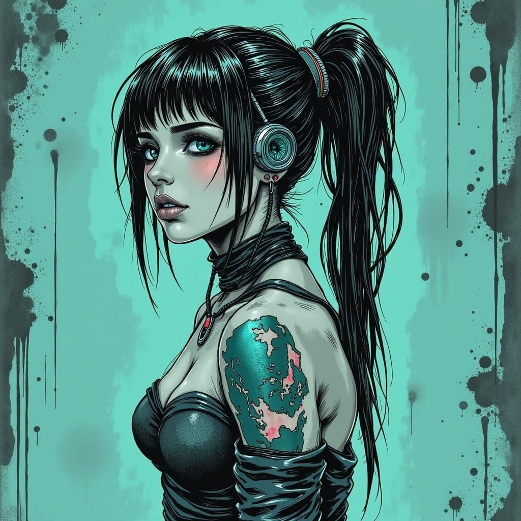 Cyborg Goddess in Neon Musical Notation Dress