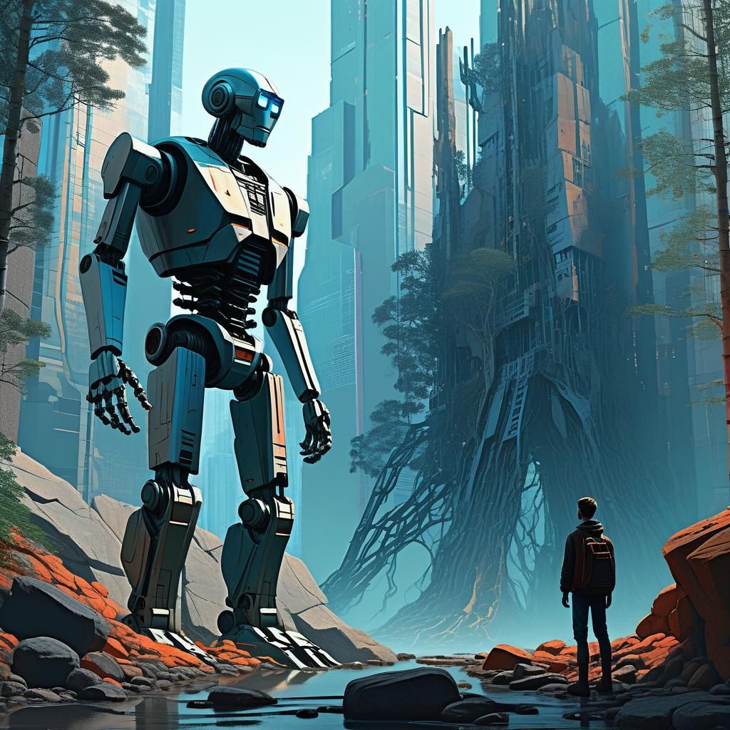 Cyborg Gazing at Floating Futuristic City