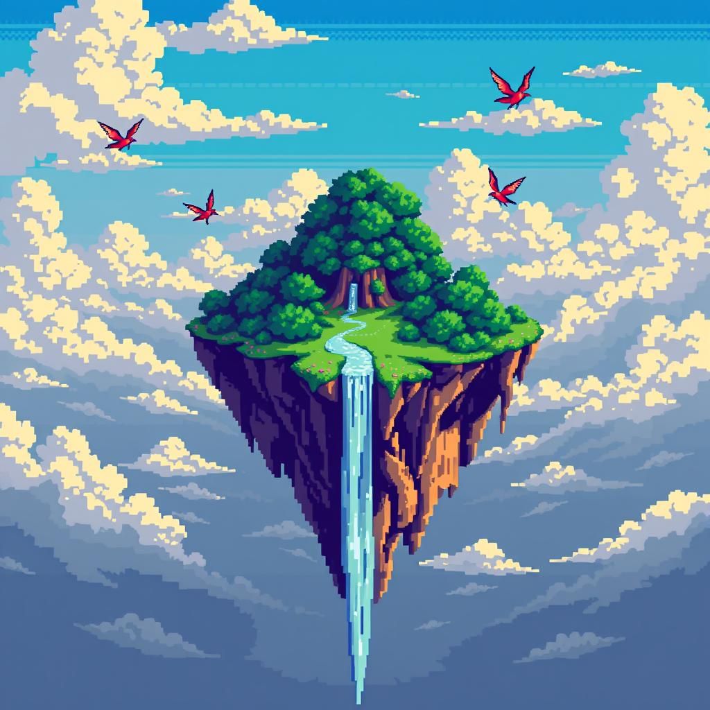Pixelated Island Floating in Sky: 16-bit Art