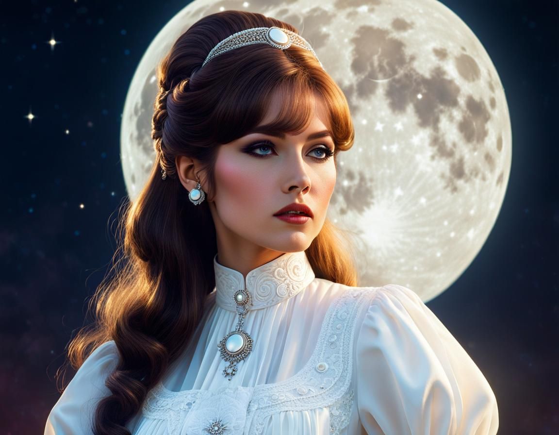 Glamorous Woman in White Dress Under Moon