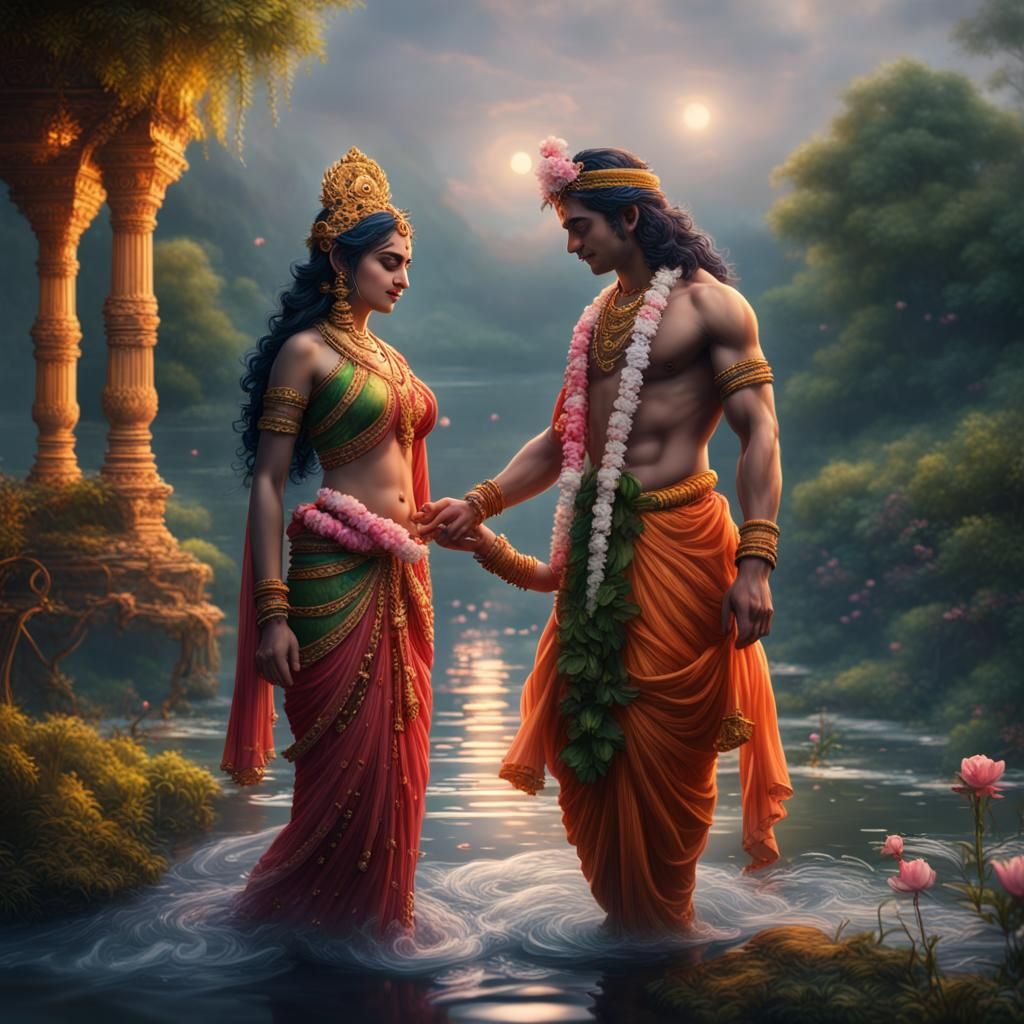 Radha Krishna in Love: Detailed Matte Painting