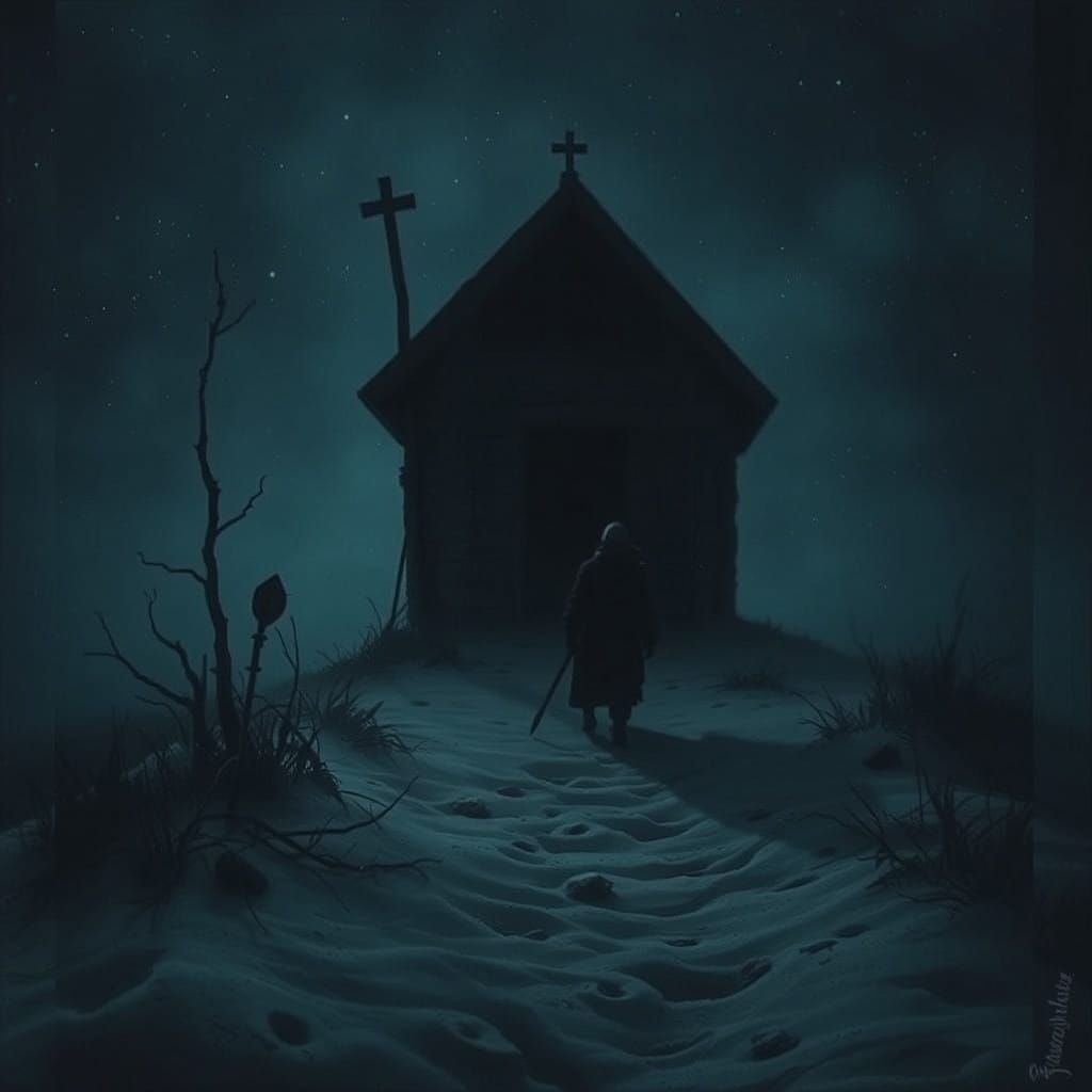 A lone Knight walks towards a mysterious Dark Cabin
