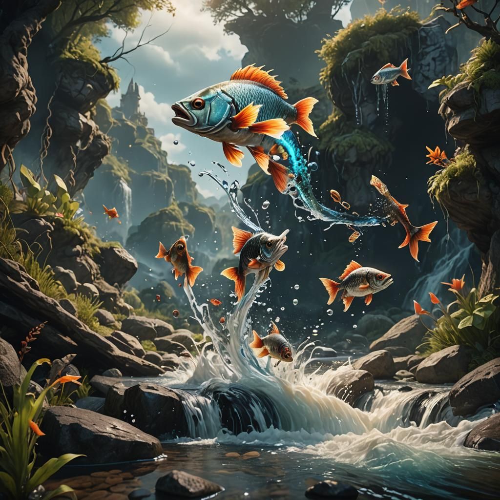 Fantastical Fish Leaping from Stream in Detailed Painting