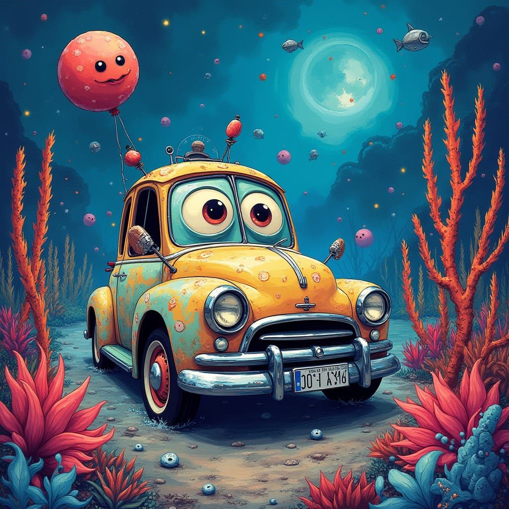 Anthropomorphic Car Explores Alien Ocean in Watercolor Style